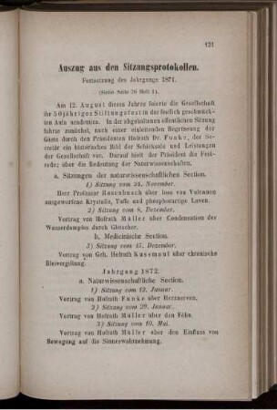 Auszug aus den Sitzungsprotokollen. Fortsetzung des Jahrgangs 1871.