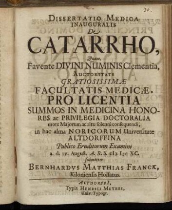 Dissertatio Medica Inauguralis De Catarrho