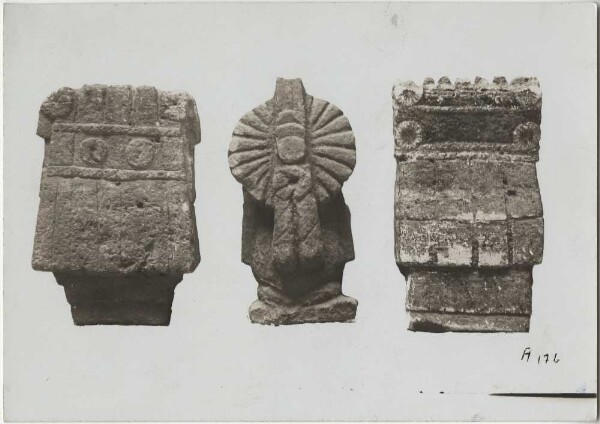 Three stone figures, the two outer ones: Chalchiuhtlicue, the centre one: the corn goddess Cinteoltl. (reverse)