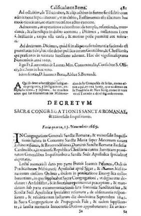 Decretvm Sacræ Congregationis Sanctæ Romanae, & vniuersalis Inquisitionis. Feria quarta, 13. Nouembris 1669.