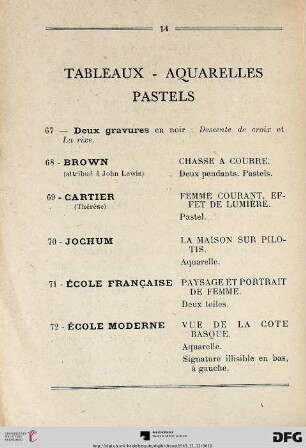 Tableaux – Aquarelles – Pastels (Nr. 67-79)