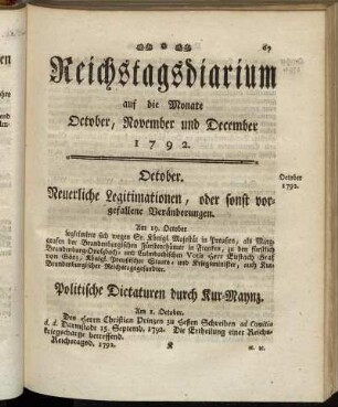 Reichstagsdiarium auf die Monate October, November und December 1792.