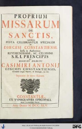 Poprium Missarum De Sanctis, Quorum Festa Celebrantur Specialer In Dioecesi Constantiensi.