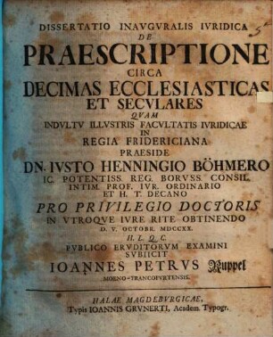 Dissertatio Inavgvralis Ivridica De Praescriptione Circa Decimas Ecclesiasticas Et Secvlares