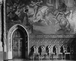 Wandmalerei von Alfred Diethe in der Großen Hofstube: Erster Turnierkampf Albrecht des Beherzten in Pirna 1459
