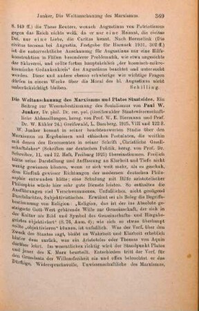 369-370 [Rezension] Junker, Paul W., Die Weltanschauung des Marxismus und Platos Staatsidee