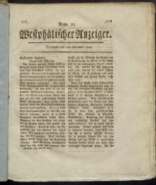 Num. 70. Westphälischer Anzeiger. Dienstags, den 1ten September 1799. - Num. 73. Westphälischer Anzeiger. Freitags, den 13ten September 1799.