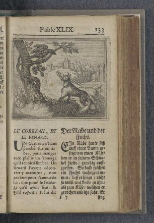 Fable XLIX. : Le corbeau, et le renard. Der Rabe und der Fuchs.