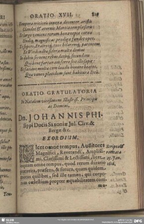 Oratio XVII. Oratio Gratulatoria In Natalem vicesimum Illustriß. Principis ac Domini, D. Johannis PhiIlippi Ducis Saxoniae Iul. Cliv. & Bergae &c.