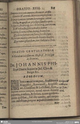 Oratio XVII. Oratio Gratulatoria In Natalem vicesimum Illustriß. Principis ac Domini, D. Johannis PhiIlippi Ducis Saxoniae Iul. Cliv. & Bergae &c.