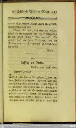 44. Lessing an Gleim. Berlin, d. 13. April, 1760