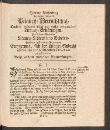 Vierdte Abtheilung der neu-vermehrten Litaney-Betrachtung, Darinne enthalten nicht nur einige compendieuse Litaney-Erklärungen, ...