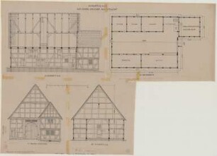 Bruchhausen (Kreis Höxter): Hof Nr. 73 Heese. Haupthaus (Grundriss, Nordansicht, Schnitte).