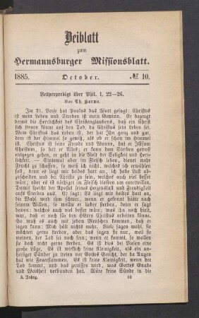 Beiblatt. N° 10. October. 1885