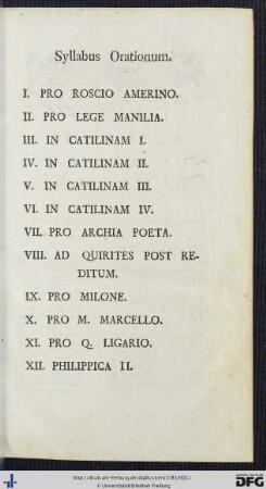 Syllabus Orationum.