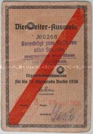 Dienstausweis eines Mitgliedes des Organisationskomitees für die Olympischen Spiele 1936 in Berlin
