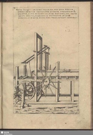 Nova Secandi Arbores Machina, Per Quam Tantum Opereris Exhibetur Agitatione Duorum Operatiorum, Quantum Octo Possint Vulgari Ratione, Ubi Aquae Lapsus Deficit, Dummodo Ea Statuatur In Loco Depresso, Et In Quem Plano Pede Trahi Queant Arbores