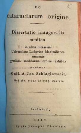 De cataractarum origine : Dissertatio inauguralis medica ...