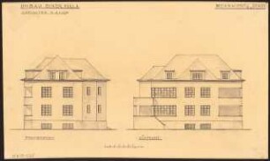 Umbau eines Landhauses Monatskonkurrenz Februar 1933: Aufriss Straßenansicht, Südansicht 1:100; Maßstabsleiste