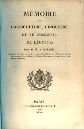 Mémoire sur l'agriculture, l'industrie et le commerce de l'Egypte