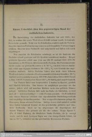 II. Kurzer Ueberblick über den gegenwärtigen Stand der Anilinfarben-Industrie