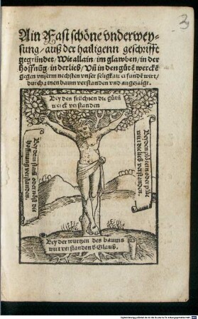 Ain Fast schöne vnderweysung, auß der hailigenn geschrifft gegründet, Wie allain, im glawben, in der Hoffnu[n]g, in der lieb, Vn[d] in den gute[n] wercke[n] gegen vnserm nechsten vnser seligkait erfunde[n] wirt : durch ainen baum verstanden vnd angezaigt