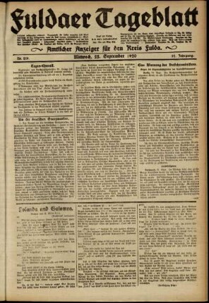 Ausgabe vom Mittwoch, den 22. September 1920.