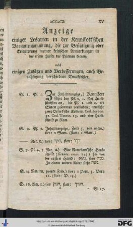 Anzeige einiger Lesarten .. nebst einigen Zusätzen und Verbesserungen, auch Berichtigung verschiedner Druckfehler.