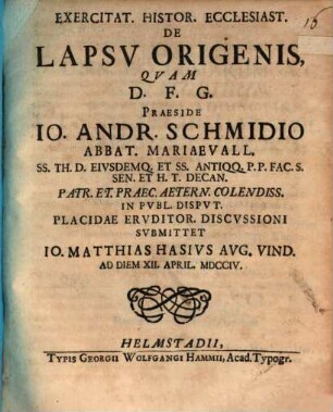 Exercitat. Histor. Ecclesiast. De Lapsv Origenis