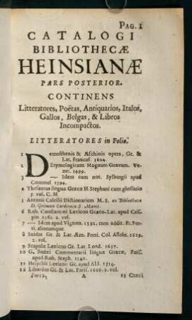1-286, Catalogi Bibliothecae Heinsianae Pars Posterior.