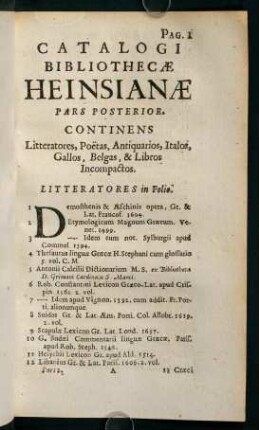 1-286, Catalogi Bibliothecae Heinsianae Pars Posterior.