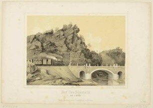 Der Felsen Teufelsstein bei Lauter (Lauter-Bernsbach) im Erzgebirge, mit Eisenbahn, aus dem Album der Obererzgebirgischen Staats-Eisenbahn