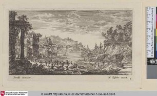 [Ein Hafen, dahinter ein Schloss auf einem Hügel; A port castle on a hill in centre background]