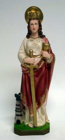 Heilige Barbara mit Heiligenschein, Krone, Kelch, Schwert und Turm