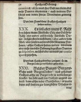 XXXI. Von den Hochzeiten der jenigen/ so im Burgerrecht zu verbleiben gedencken
