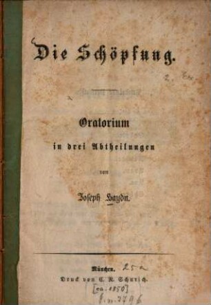 Die Schöpfung : Oratorium in drei Abtheilungen