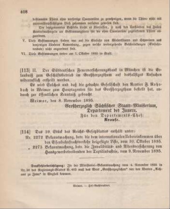 113. Ministerial-Bekanntmachung, betreffend die Zulassung der Süddeutschen Feuerversicherungsbank in München zum Geschäftsbetrieb im Großherzogthum