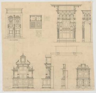 Thiersch, Friedrich von; Münsing / Starnberger See (Bayern); Schloss Seeburg, Umbau - Tür u. Innenraumausstattung im Speisezimmer (Teilgrundriss, Ansichten)