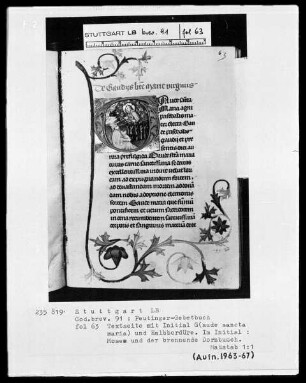Gebetbuch des Konrad Peutinger — Initiale G (aude sacra Maria), darin Moses vor dem brennenden Dornbusch, Folio 63recto