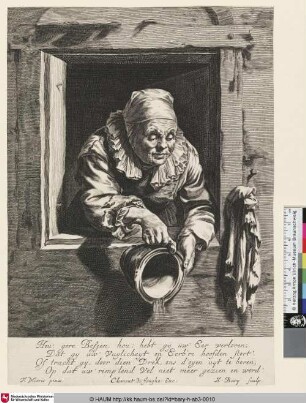 [An old woman, emptying a pot through the window; Eine Greisin mit Topf]