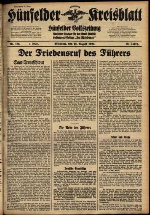 Erste Ausgabe vom Mittwoch, den 29. August 1934.
