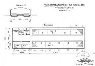 Vollspaltenbodenstall für 100 Bullen (Freßplatzverhältnis 1:1, Maßstab 1: 200)