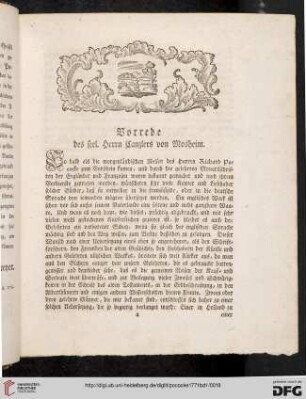 Vorrede des seel. Herrn Canzlers von Mosheim