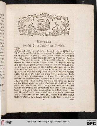 Vorrede des seel. Herrn Canzlers von Mosheim