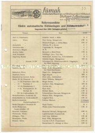 Kundenliste und Kundengutachten über Kühlanlagen und Kühlschränke
