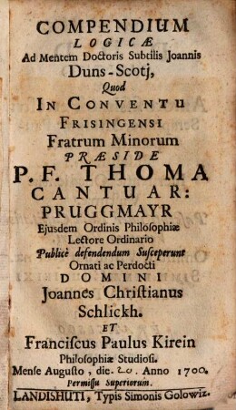 Compendium logicae ad mentem Doctoris Subtilis Joannis Duns-Scoti