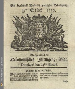 33tes Stueck, Dienstags den 14ten August 1770