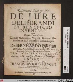 Dissertatio Inauguralis De Iure Deliberandi Et Beneficio Inventarii