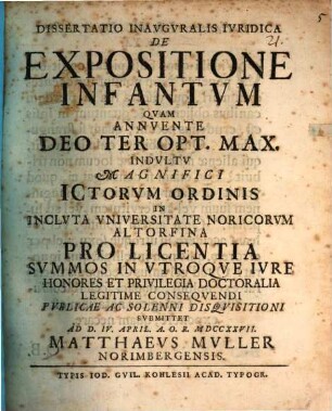 Dissertatio inavgvralis ivridica de expositione infantvm