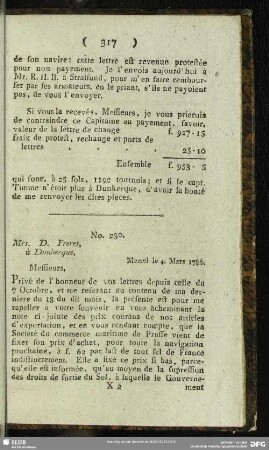 No. 230. Mrs. D. Freres, à Dunkerque. Memel le 4. Mars 1786